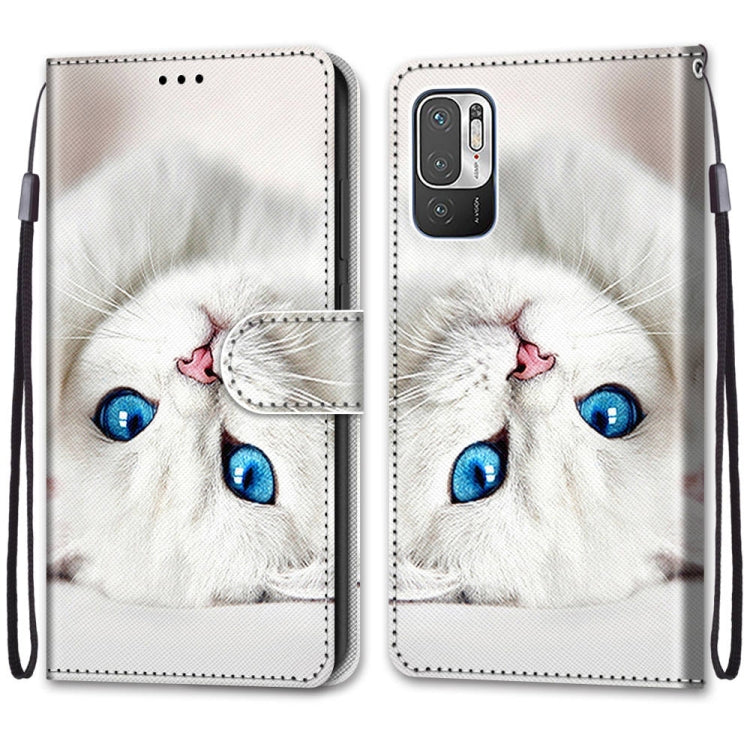 For Xiaomi Redmi Note 10 5G Coloured Drawing Cross Texture Horizontal Flip PU Leather Case with Holder & Card Slots & Wallet & Lanyard(White Kitten)
