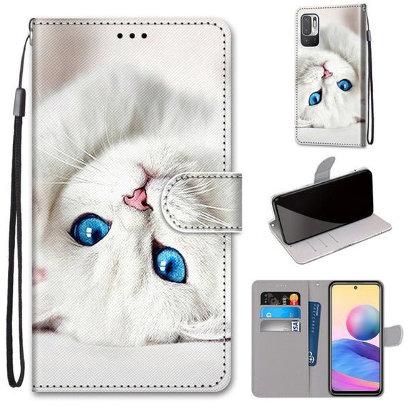 For Xiaomi Redmi Note 10 5G Coloured Drawing Cross Texture Horizontal Flip PU Leather Case with Holder & Card Slots & Wallet & Lanyard(White Kitten)