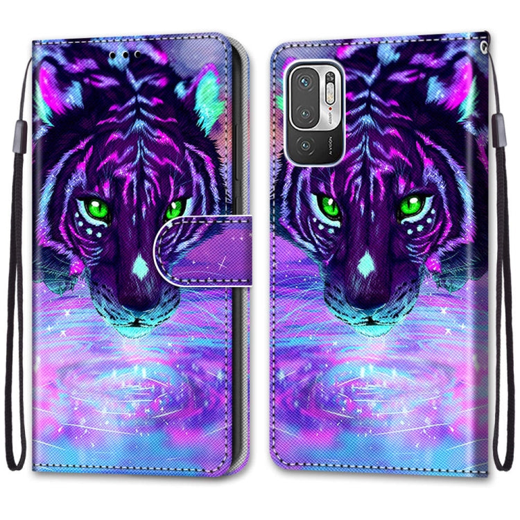 For Xiaomi Redmi Note 10 5G Coloured Drawing Cross Texture Horizontal Flip PU Leather Case with Holder & Card Slots & Wallet & Lanyard(Tiger Drinking Water)