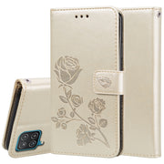For Samsung Galaxy A12 Rose Embossed Horizontal Flip PU Leather Case with Holder & Card Slots & Wallet(Gold)