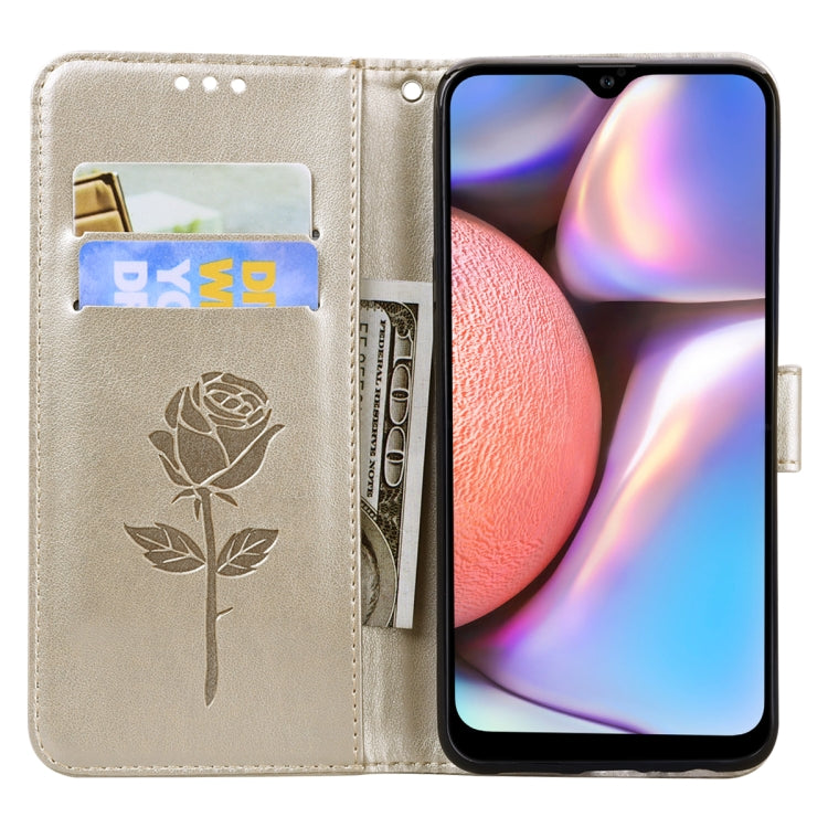 For Samsung Galaxy A12 Rose Embossed Horizontal Flip PU Leather Case with Holder & Card Slots & Wallet(Gold)