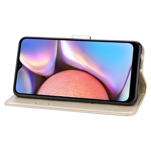 For Samsung Galaxy A12 Rose Embossed Horizontal Flip PU Leather Case with Holder & Card Slots & Wallet(Gold)