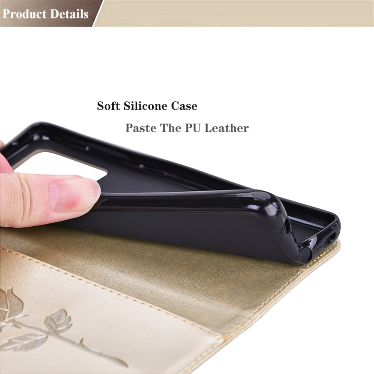For Samsung Galaxy A12 Rose Embossed Horizontal Flip PU Leather Case with Holder & Card Slots & Wallet(Gold)