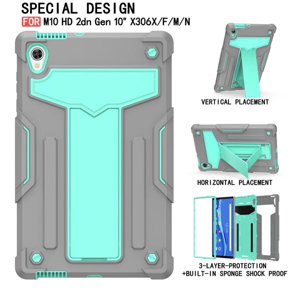 For Lenovo Tab M10 HD 2nd Gen TB-X306X T-shaped Bracket Contrast Color Shockproof PC + Silicone Flat Protective Case(Grey + Mint Green)