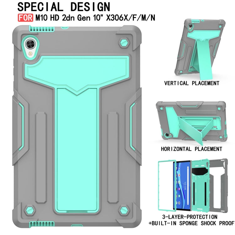 For Lenovo Tab M10 HD 2nd Gen TB-X306X T-shaped Bracket Contrast Color Shockproof PC + Silicone Flat Protective Case(Grey + Mint Green)