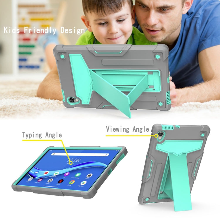 For Lenovo Tab M10 HD 2nd Gen TB-X306X T-shaped Bracket Contrast Color Shockproof PC + Silicone Flat Protective Case(Grey + Mint Green)