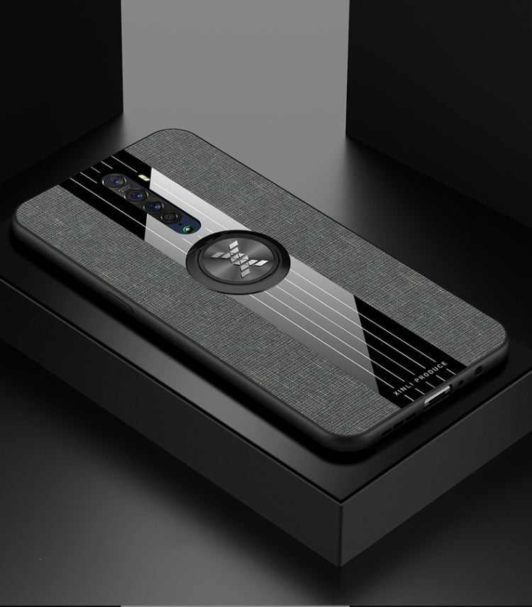 For OPPO Reno 2 XINLI Stitching Cloth Textue Shockproof TPU Protective Case with Ring Holder(Grey)