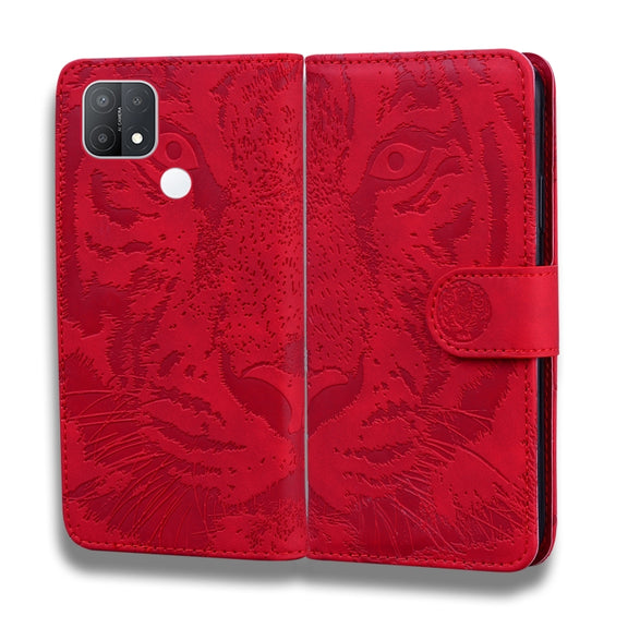 For OPPO A15 / A15S Tiger Embossing Pattern Horizontal Flip Leather Case with Holder & Card Slots & Wallet(Red)