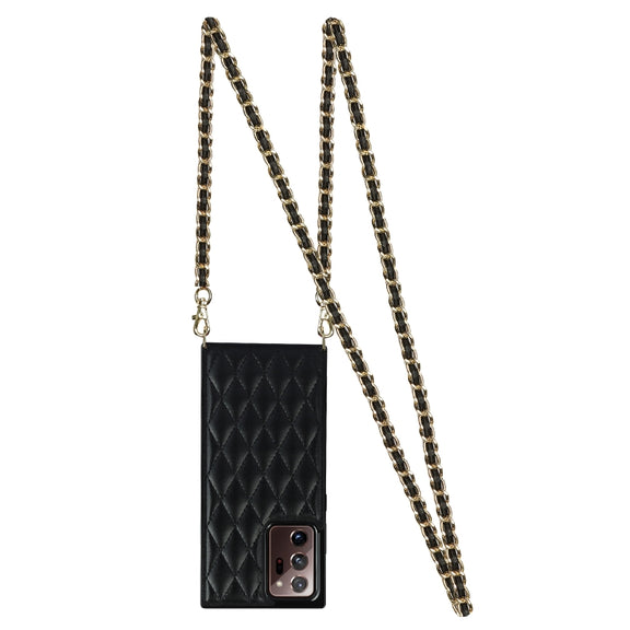 For Samsung Galaxy Note20 Ultra Elegant Rhombic Pattern Microfiber Leather +TPU Shockproof Case with Crossbody Strap Chain(Black)