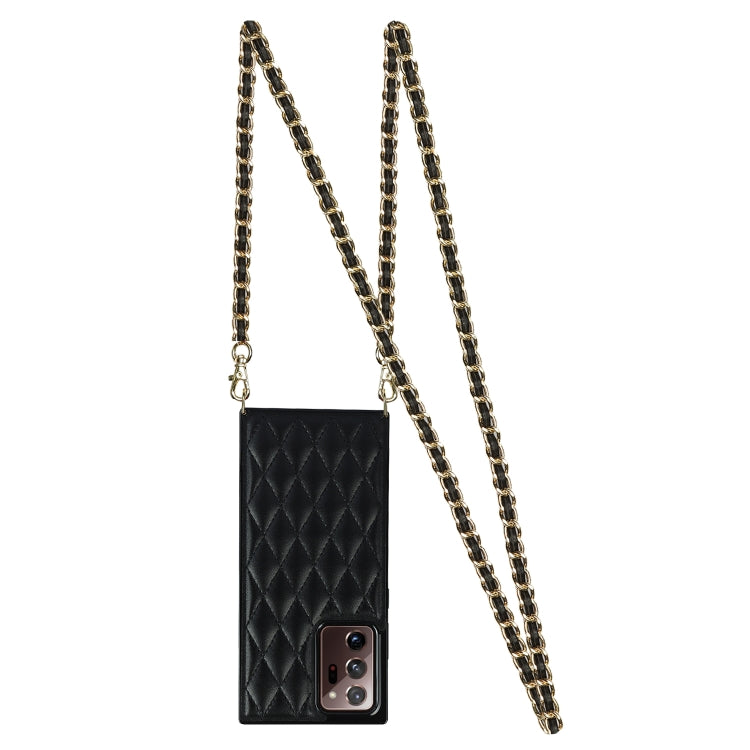 For Samsung Galaxy Note20 Ultra Elegant Rhombic Pattern Microfiber Leather +TPU Shockproof Case with Crossbody Strap Chain(Black)