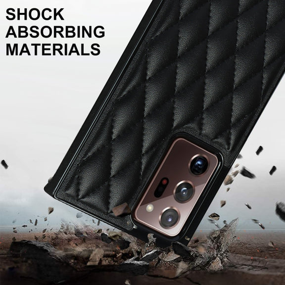For Samsung Galaxy Note20 Ultra Elegant Rhombic Pattern Microfiber Leather +TPU Shockproof Case with Crossbody Strap Chain(Black)