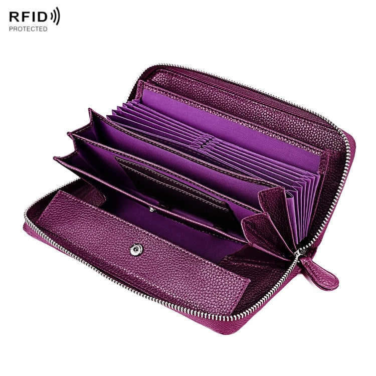 RFID Lychee Texture Fashion Organ Clutch Ladies Zipper Long Change Bag(Purple)