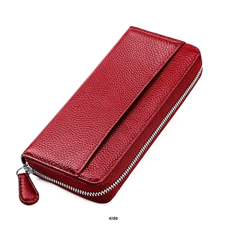 RFID Lychee Texture Fashion Organ Clutch Ladies Zipper Long Change Bag(Red Wine)