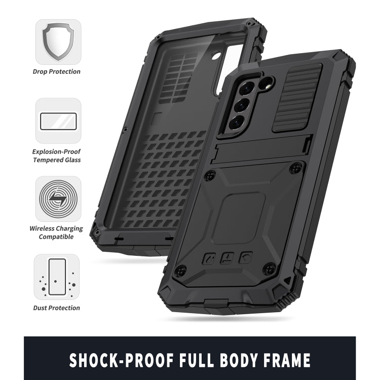 For Samsung Galaxy S21 FE R-JUST Shockproof Water-resistant Dust-proof Metal + Silicone Protective Case with Holder(Black)