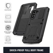 For Samsung Galaxy S21 FE R-JUST Shockproof Water-resistant Dust-proof Metal + Silicone Protective Case with Holder(Black)