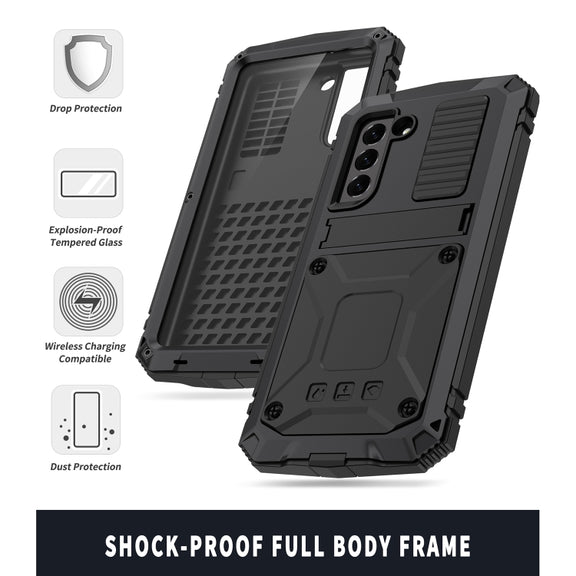 For Samsung Galaxy S21 FE R-JUST Shockproof Water-resistant Dust-proof Metal + Silicone Protective Case with Holder(Black)