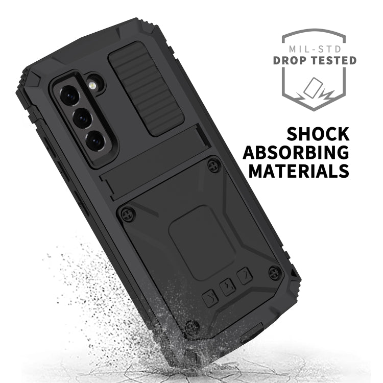 For Samsung Galaxy S21 FE R-JUST Shockproof Water-resistant Dust-proof Metal + Silicone Protective Case with Holder(Black)