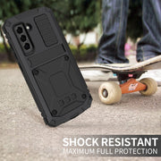 For Samsung Galaxy S21 FE R-JUST Shockproof Water-resistant Dust-proof Metal + Silicone Protective Case with Holder(Black)