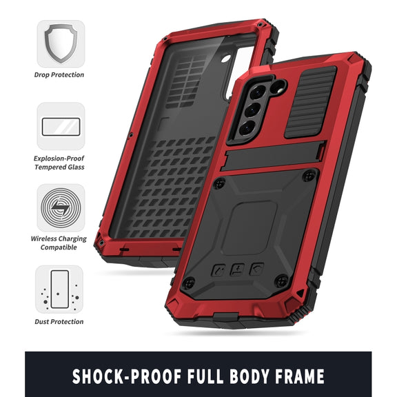 For Samsung Galaxy S21 FE R-JUST Shockproof Water-resistant Dust-proof Metal + Silicone Protective Case with Holder(Red)