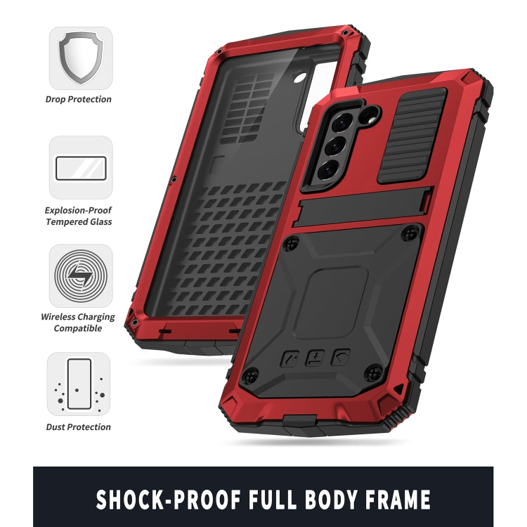 For Samsung Galaxy S21 FE R-JUST Shockproof Water-resistant Dust-proof Metal + Silicone Protective Case with Holder(Red)