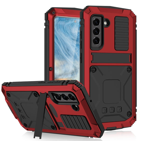 For Samsung Galaxy S21 FE R-JUST Shockproof Water-resistant Dust-proof Metal + Silicone Protective Case with Holder(Red)