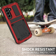 For Samsung Galaxy S21 FE R-JUST Shockproof Water-resistant Dust-proof Metal + Silicone Protective Case with Holder(Red)