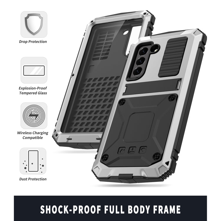 For Samsung Galaxy S21 FE R-JUST Shockproof Water-resistant Dust-proof Metal + Silicone Protective Case with Holder(Silver)
