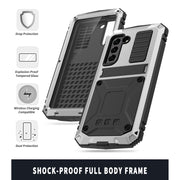 For Samsung Galaxy S21 FE R-JUST Shockproof Water-resistant Dust-proof Metal + Silicone Protective Case with Holder(Silver)