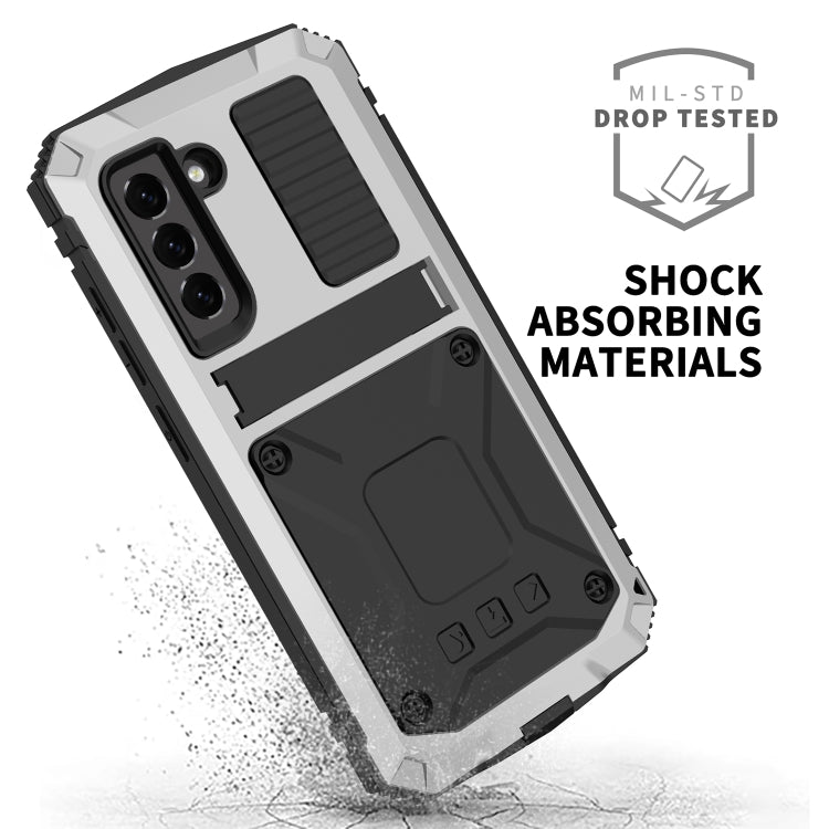 For Samsung Galaxy S21 FE R-JUST Shockproof Water-resistant Dust-proof Metal + Silicone Protective Case with Holder(Silver)