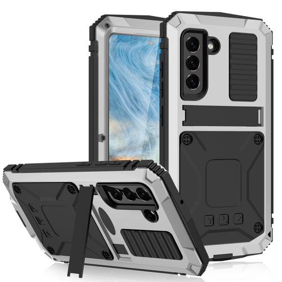 For Samsung Galaxy S21 FE R-JUST Shockproof Water-resistant Dust-proof Metal + Silicone Protective Case with Holder(Silver)