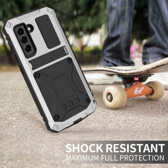 For Samsung Galaxy S21 FE R-JUST Shockproof Water-resistant Dust-proof Metal + Silicone Protective Case with Holder(Silver)