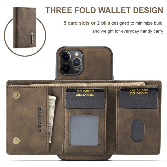 For iPhone 12 / 12 Pro DG.MING M1 Series 3-Fold Multi Card Wallet + Magnetic Back Cover Shockproof Case with Holder Function(Coffee)