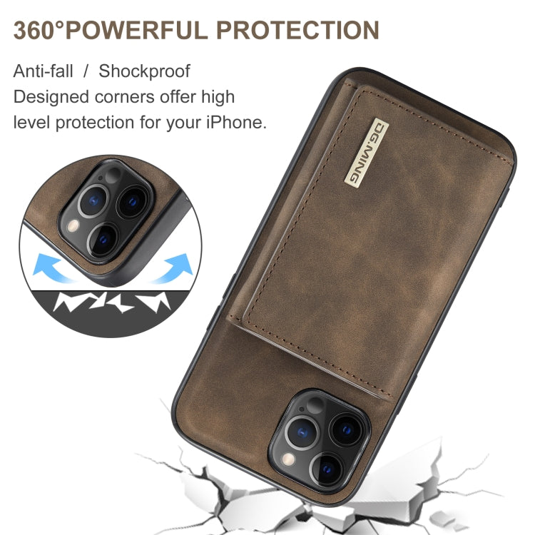 For iPhone 12 / 12 Pro DG.MING M1 Series 3-Fold Multi Card Wallet + Magnetic Back Cover Shockproof Case with Holder Function(Coffee)