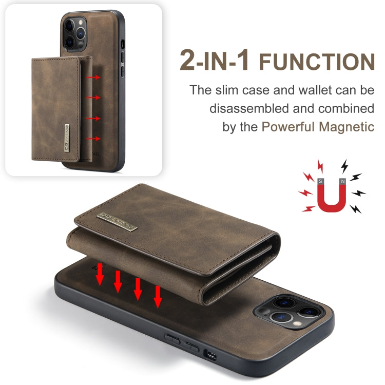 For iPhone 12 / 12 Pro DG.MING M1 Series 3-Fold Multi Card Wallet + Magnetic Back Cover Shockproof Case with Holder Function(Coffee)