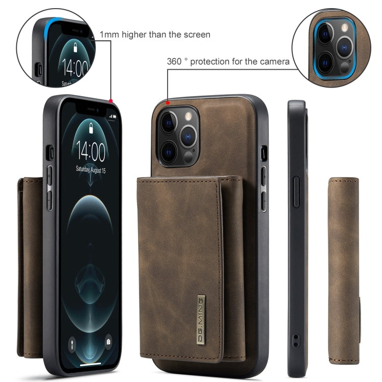 For iPhone 12 / 12 Pro DG.MING M1 Series 3-Fold Multi Card Wallet + Magnetic Back Cover Shockproof Case with Holder Function(Coffee)
