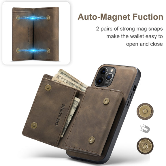 For iPhone 12 / 12 Pro DG.MING M1 Series 3-Fold Multi Card Wallet + Magnetic Back Cover Shockproof Case with Holder Function(Coffee)