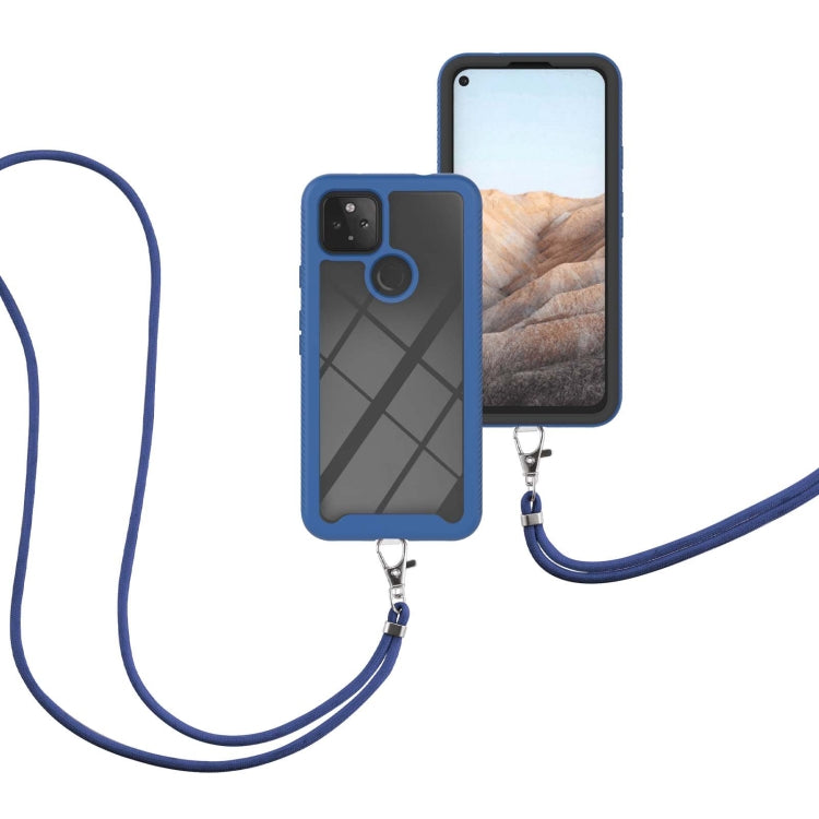 For Google Pixel 5A 5G Starry Sky Solid Color Series Shockproof PC + TPU Protective Case with Neck Strap(Blue)