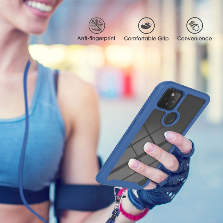 For Google Pixel 5A 5G Starry Sky Solid Color Series Shockproof PC + TPU Protective Case with Neck Strap(Blue)