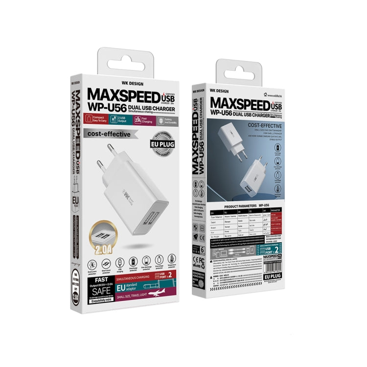 WK WP-U56 2A Dual USB Fast Charging Travel Charger Power Adapter, EU Plug