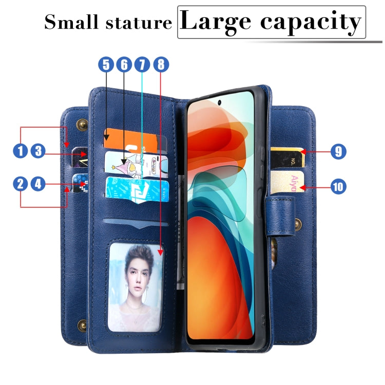 For Xiaomi Redmi Note 10 Pro Multifunctional Magnetic Copper Buckle Horizontal Flip Solid Color Leather Case with 10 Card Slots & Wallet & Holder & Photo Frame(Black)