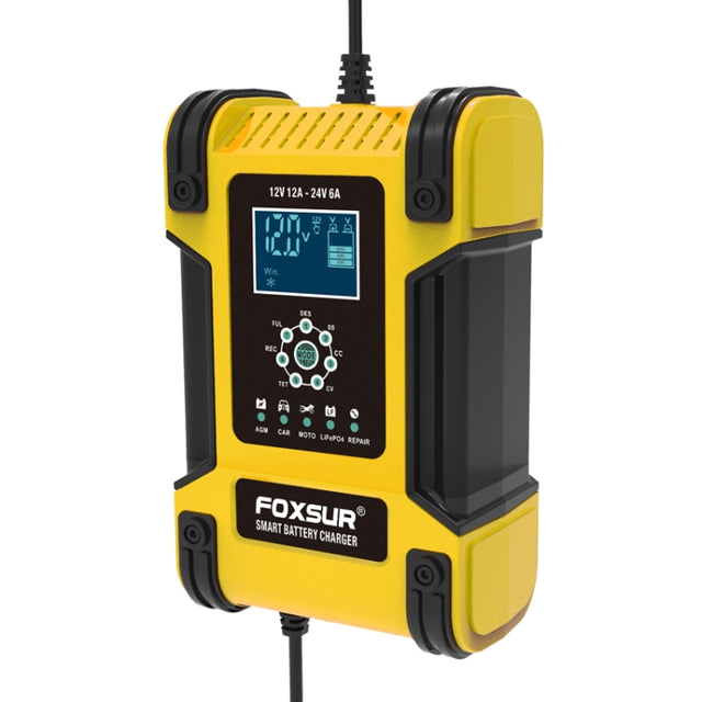 FOXSUR 12A / 12V / 24V Car / Motorcycle 7-stage Lead-acid Battery AGM Charger, Plug Type:UK Plug(Yellow)