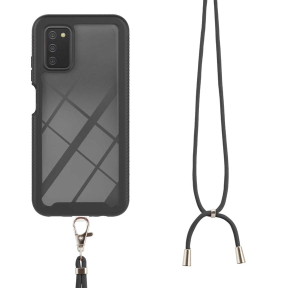 For Samsung Galaxy A03s EU Version Starry Sky Solid Color Series Shockproof PC + TPU Protective Case with Neck Strap(Black)