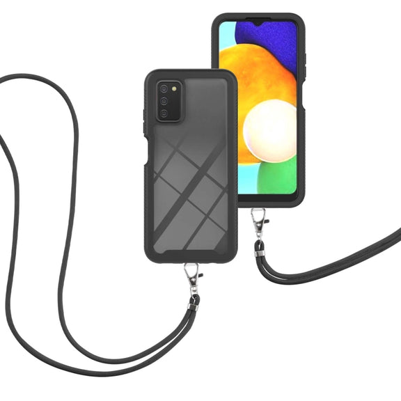 For Samsung Galaxy A03s EU Version Starry Sky Solid Color Series Shockproof PC + TPU Protective Case with Neck Strap(Black)