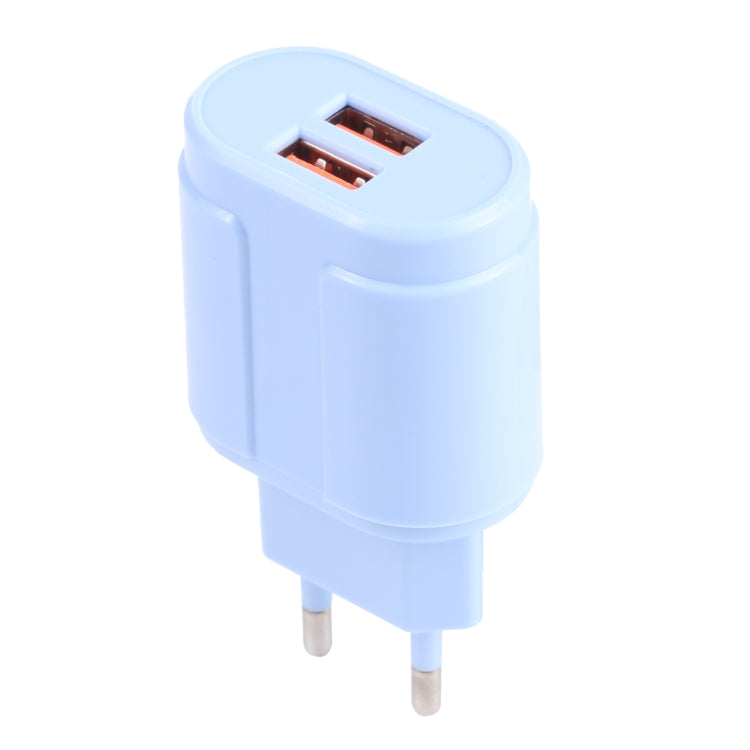 13-22 2.1A Dual USB Macarons Travel Charger, EU Plug(Blue)