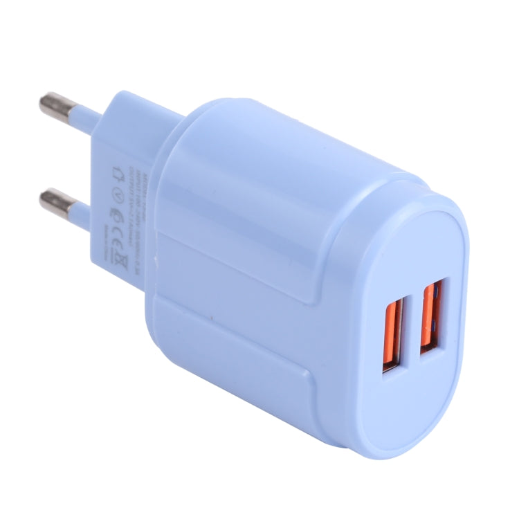 13-22 2.1A Dual USB Macarons Travel Charger, EU Plug(Blue)