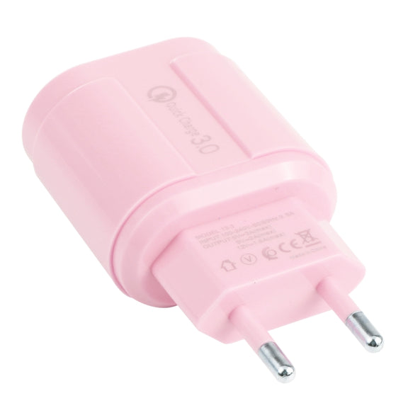 13-222 QC3.0 USB + 2.1A Dual USB Ports Macarons Travel Charger, EU Plug(Pink)