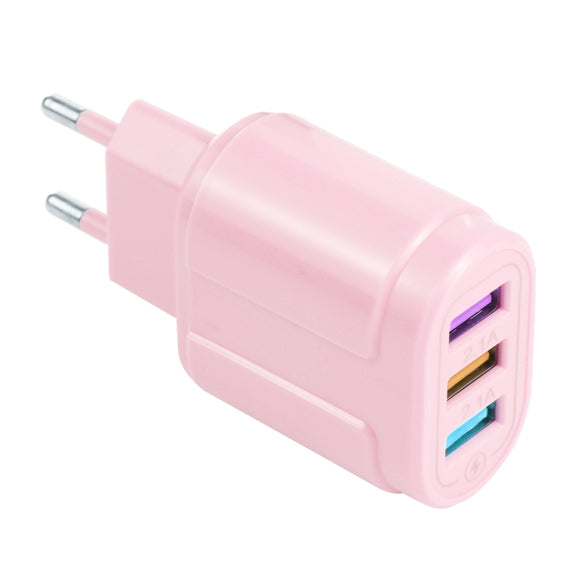 13-222 QC3.0 USB + 2.1A Dual USB Ports Macarons Travel Charger, EU Plug(Pink)