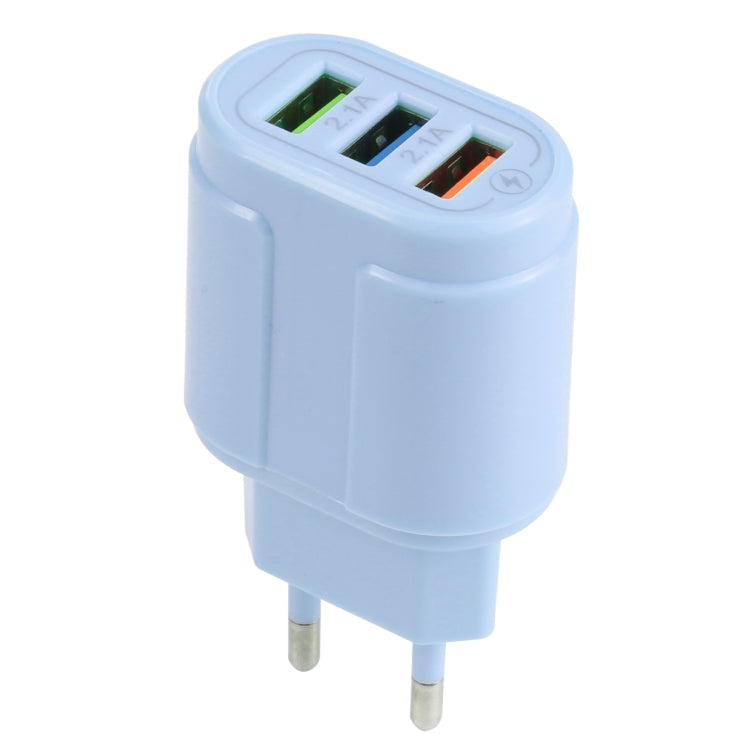13-222 QC3.0 USB + 2.1A Dual USB Ports Macarons Travel Charger, EU Plug(Blue)