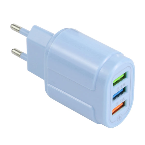 13-222 QC3.0 USB + 2.1A Dual USB Ports Macarons Travel Charger, EU Plug(Blue)
