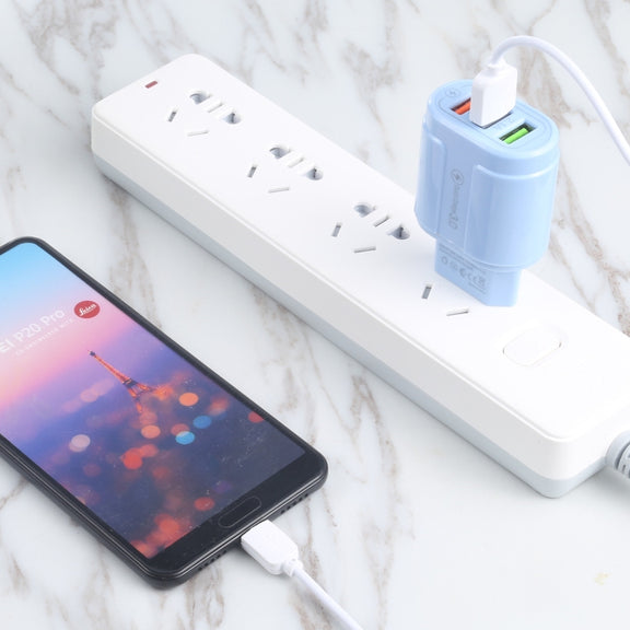 13-222 QC3.0 USB + 2.1A Dual USB Ports Macarons Travel Charger, EU Plug(Blue)